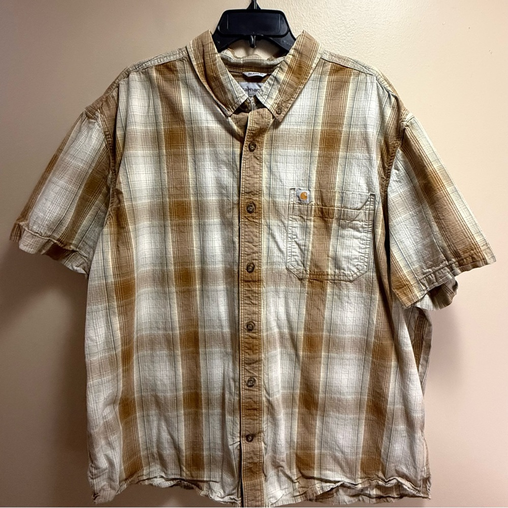 Carhartt‎ Plaid Work Shirt Relaxed Fit 2XL Cotton Brown Tan Outdoor
